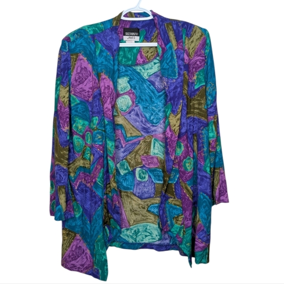 Vintage Tops - Vintage Suzannah James Grandma Open Front Patterned Cardigan Blouse Women 16 80s